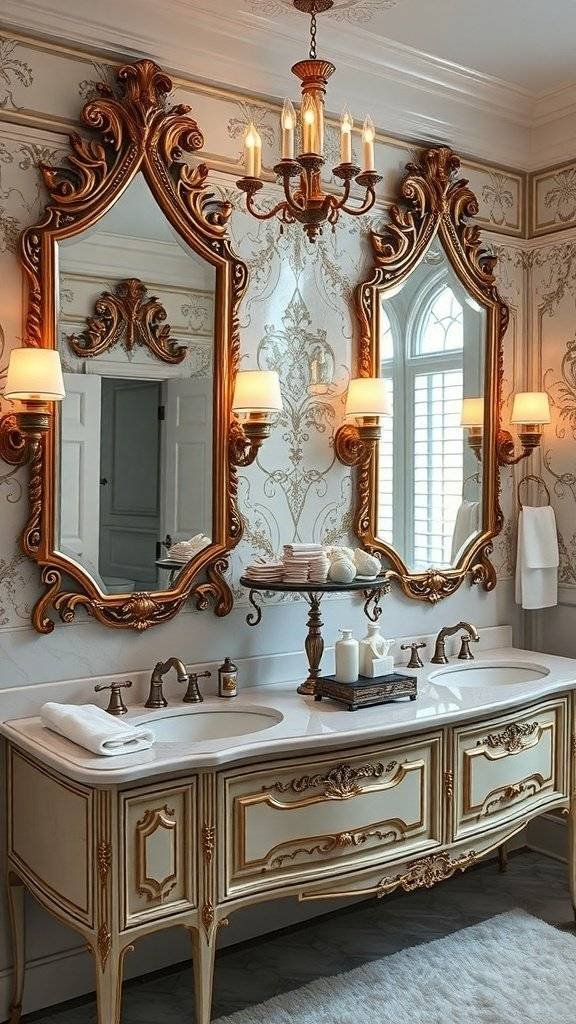 A lavish 1920s bathroom featuring a chic vanity, elegant bathtubs, and ornate chandeliers.