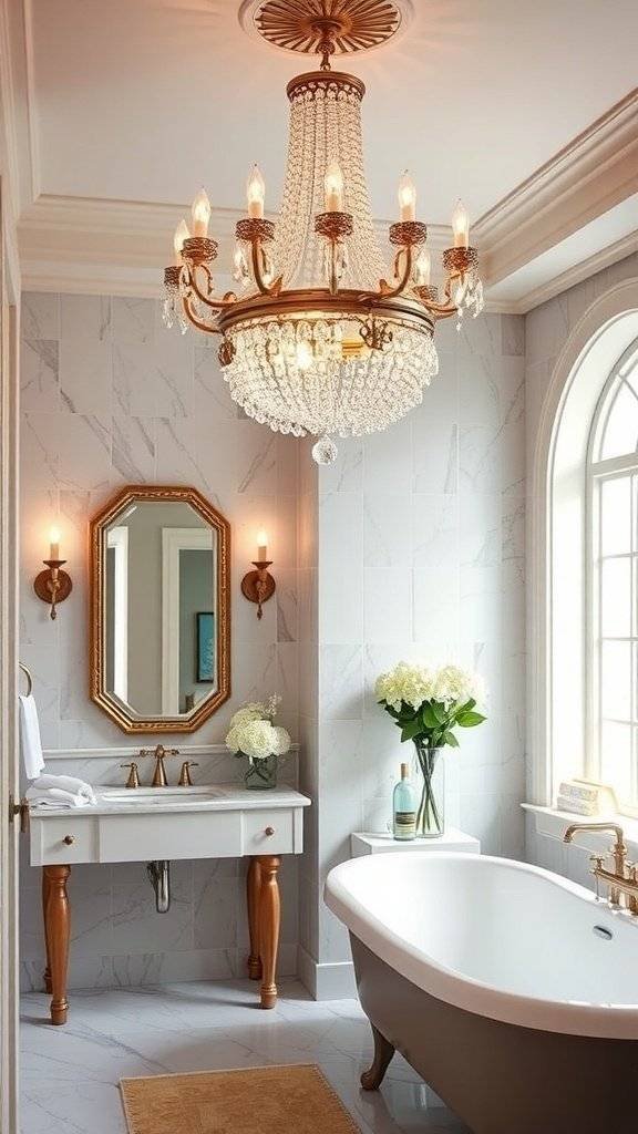 A luxurious 1920s style bathroom featuring a chandelier and wall sconces, with a vintage painting and elegant fixtures.