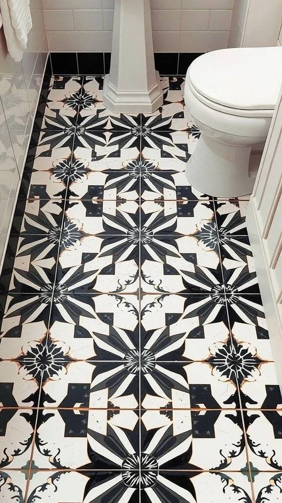 A lavish 1920s bathroom featuring intricate black and white Art Deco tile patterns on the floor, elegant chandeliers, and classic bathtubs.