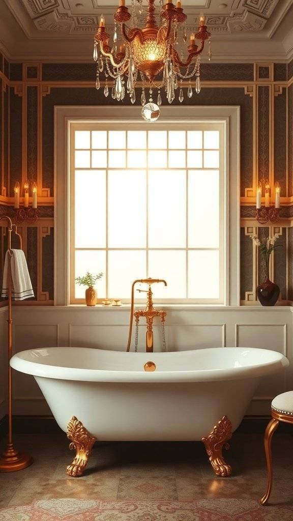 A luxurious clawfoot bathtub with golden feet in an elegant bathroom setting, featuring a chandelier and warm lighting.