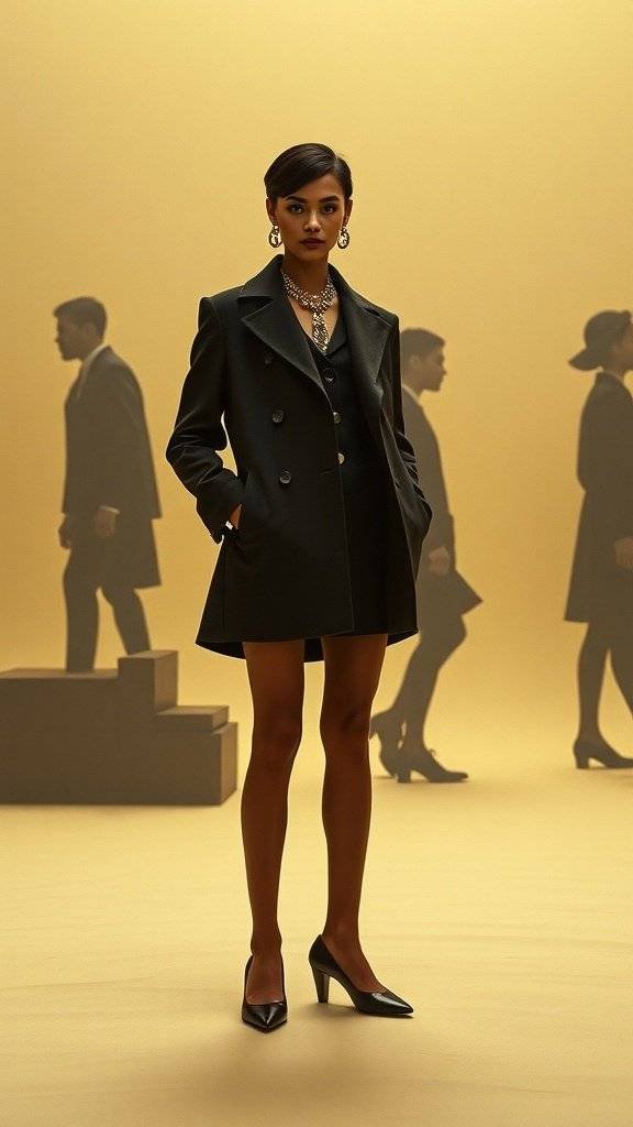 A model showcasing a stylish layered outfit with bold colors and prints.