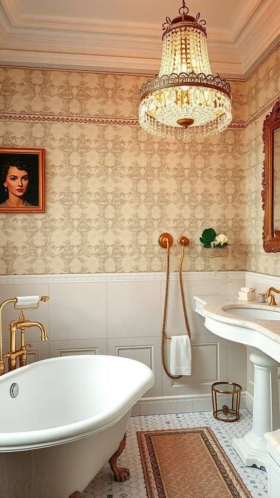 A luxurious 1920s inspired bathroom featuring vintage plumbing fixtures, a freestanding bathtub, and elegant decor.