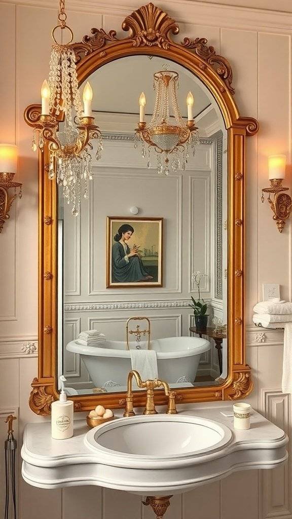 A lavish 1920s bathroom featuring a gilded mirror, chandelier, and elegant accessories.