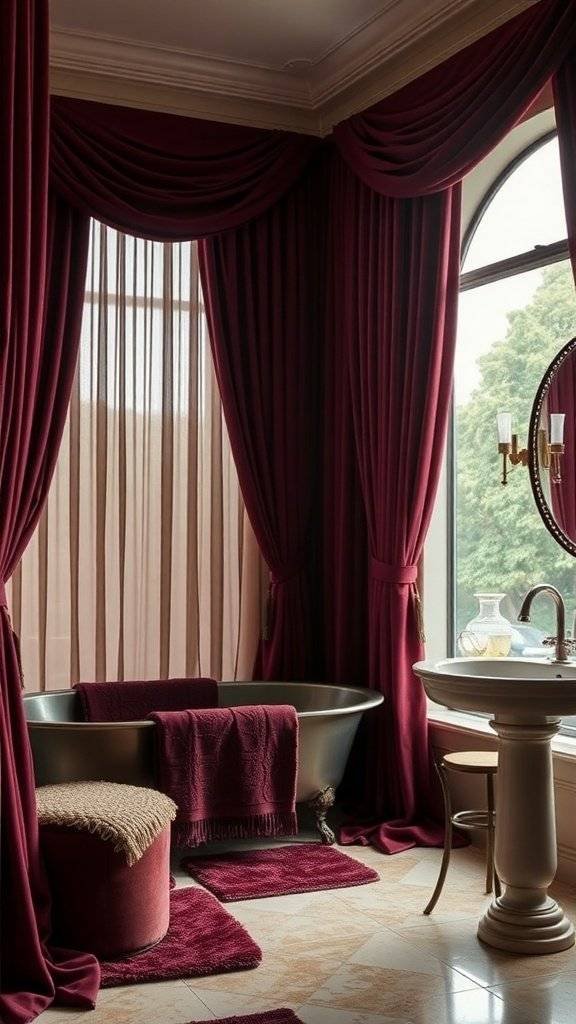 A luxurious 1920s inspired bathroom featuring rich red drapery, elegant chandeliers, and plush textiles.
