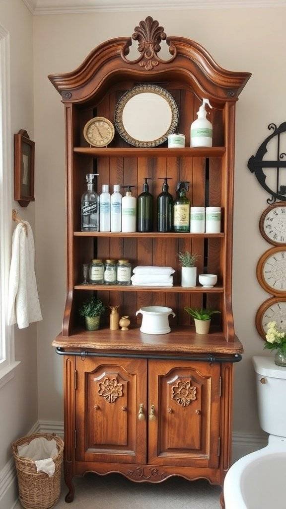A lavish 1920s inspired bathroom featuring antique storage solutions, elegant bathtubs, and decorative items.