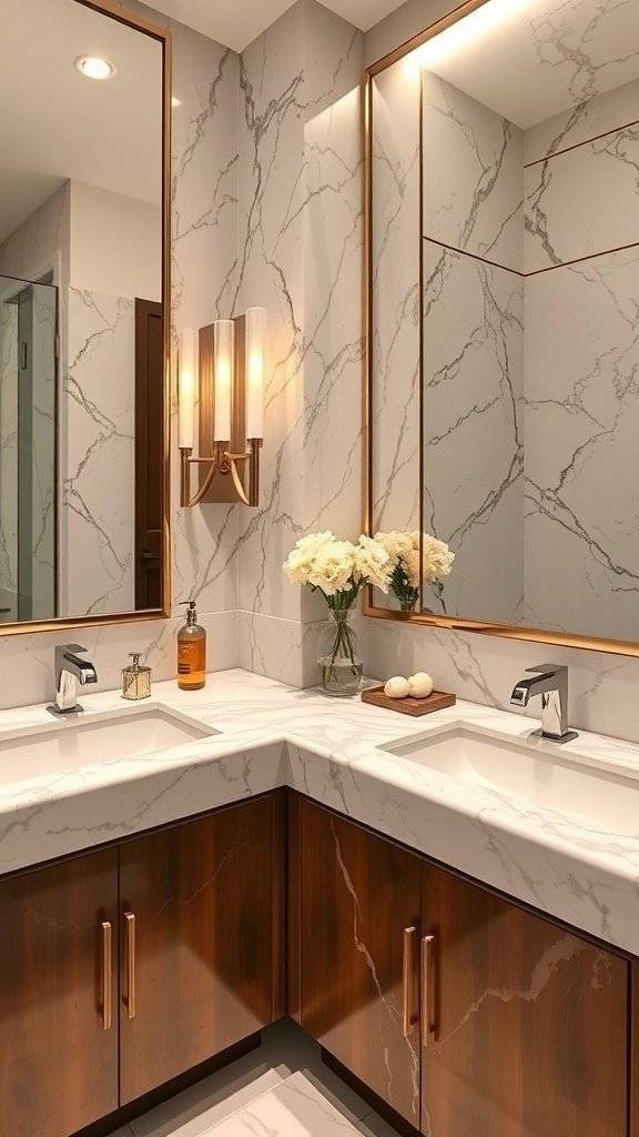 Luxurious 1920s bathroom featuring marble countertops, elegant fixtures, and classic decor.