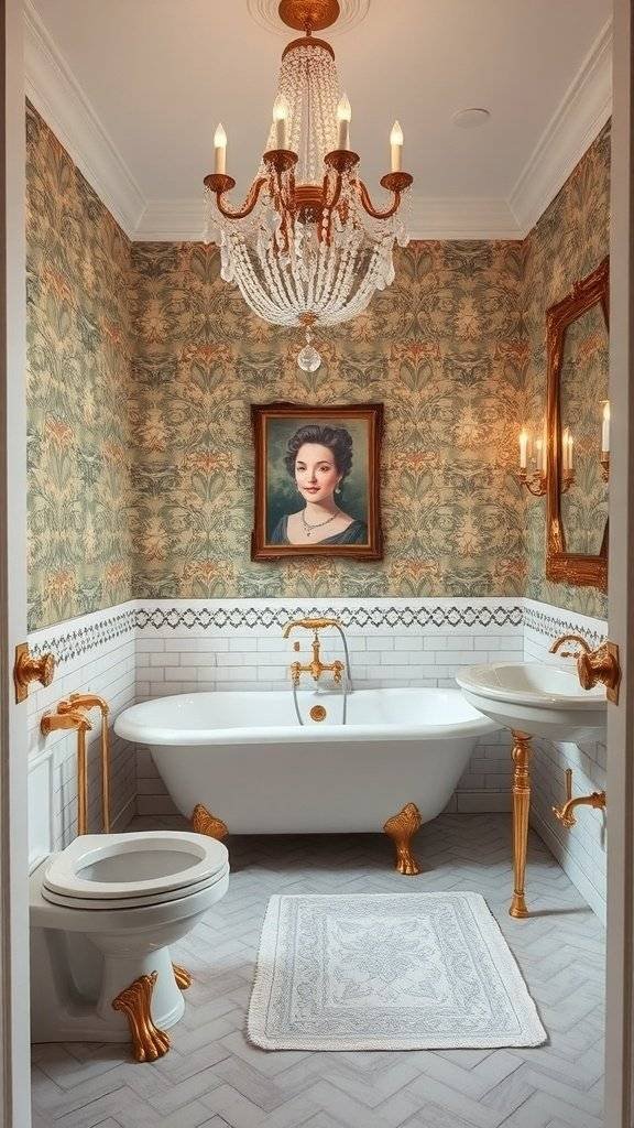 A vintage-inspired bathroom with floral wallpaper, gold fixtures, and a chandelier.