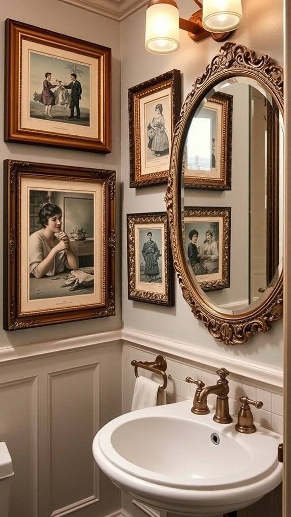 A lavish 1920s bathroom featuring elegant wall art, a vintage bathtub, and a chandelier.