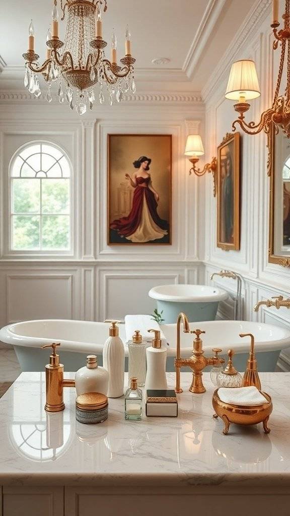 A luxurious 1920s inspired bathroom featuring elegant accessories, a marble countertop, and a classic bathtub.
