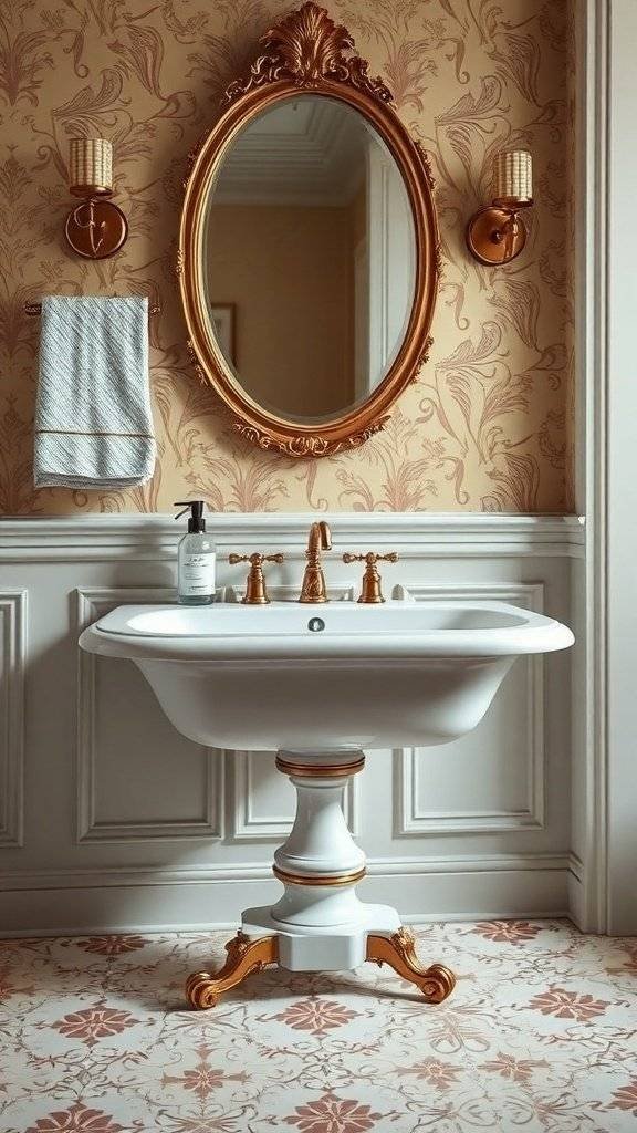 A classic footed sink in a lavish 1920s bathroom with ornate decor and a chandelier.