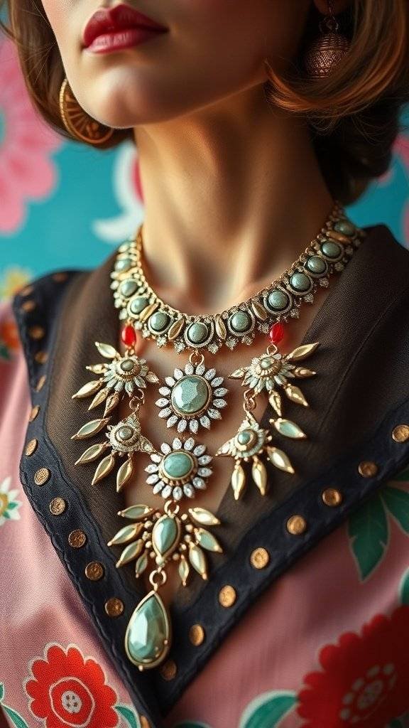 Close-up of a woman wearing layered statement jewelry with a colorful floral outfit.