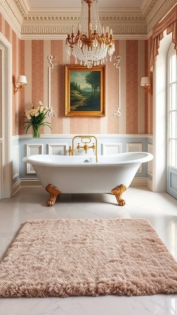 A lavish 1920s bathroom featuring a plush bath mat, clawfoot tub, and elegant decor.