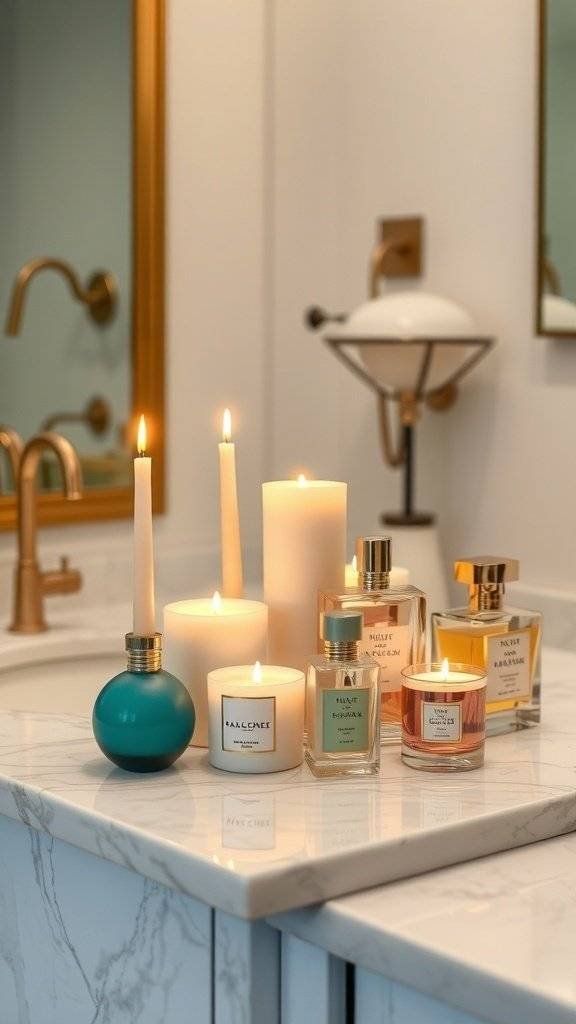 Luxurious 1920s bathroom featuring a chandelier, candles, and elegant decor.