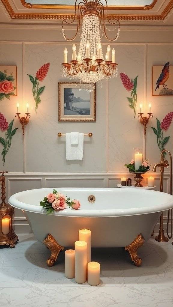 A luxurious 1920s inspired bathroom featuring a clawfoot tub, chandelier, floral decorations, and candles.