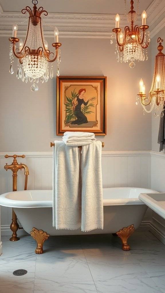 A luxurious bathroom featuring a clawfoot tub, elegant towel rack, and ornate chandeliers.
