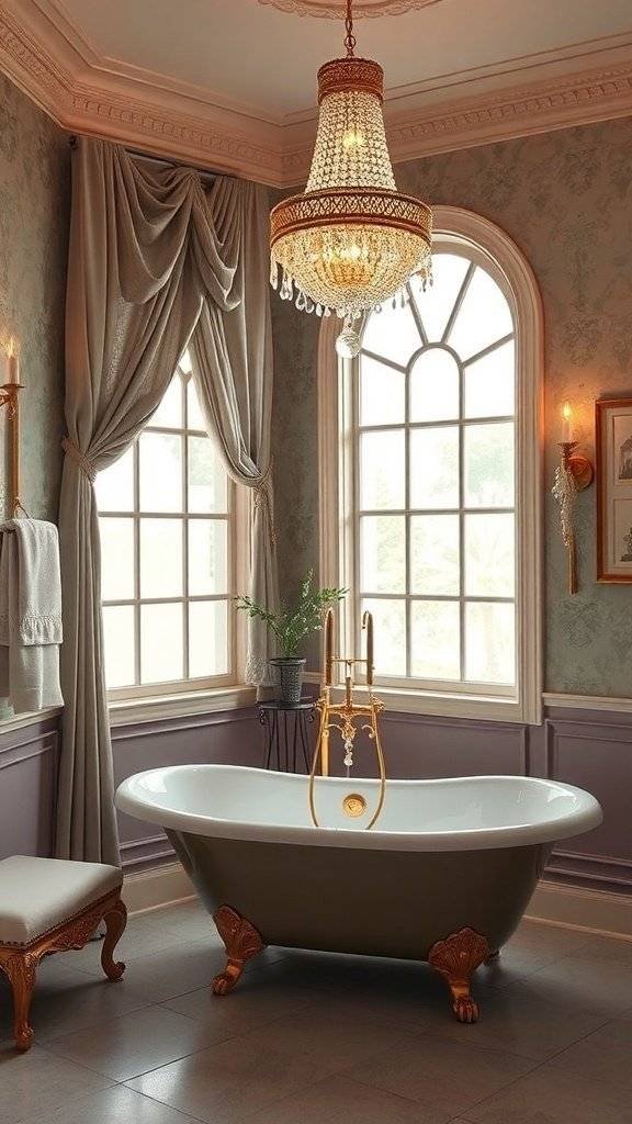 A luxurious 1920s bathroom featuring elegant window treatments, a vintage bathtub, and a chandelier.