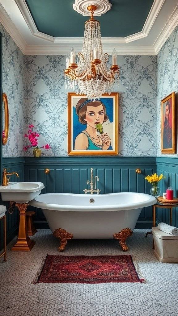 A lavish 1920s bathroom featuring teal walls, a freestanding bathtub, and elegant decor.