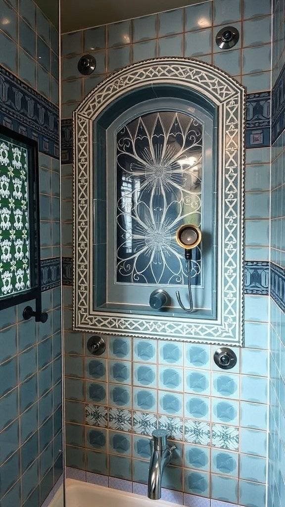A lavish 1920s bathroom featuring Art Deco elements, including intricate wallpaper, a vintage bathtub, and a chandelier.