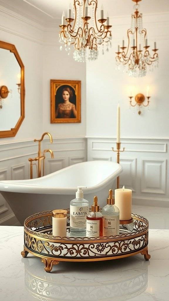 A decorative golden tray with bath products and candles on a marble countertop in a luxurious bathroom setting.