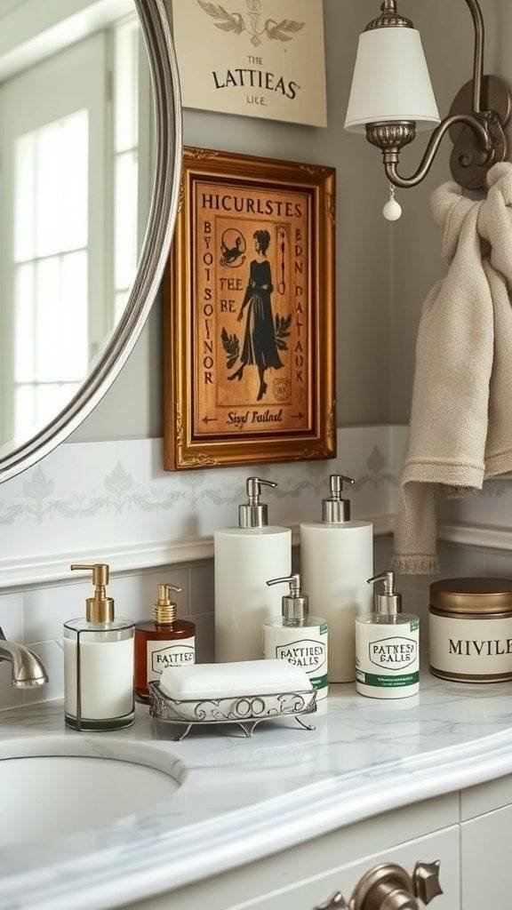 A luxurious 1920s-style bathroom featuring a clawfoot tub, gold accents, and vintage toiletries.