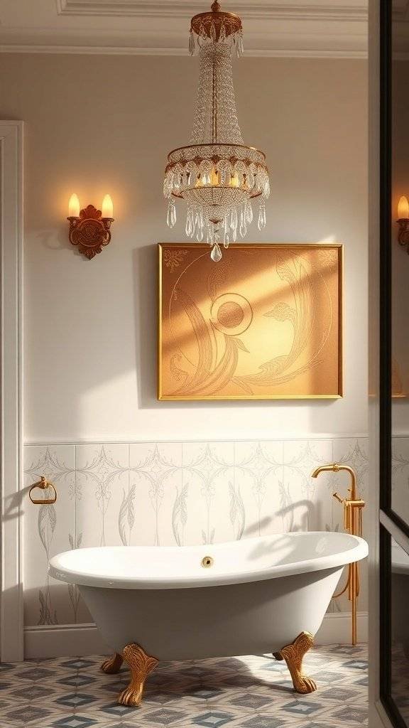 A luxurious bathroom featuring Art Deco inspired wall sconces, a chandelier, and an elegant bathtub.