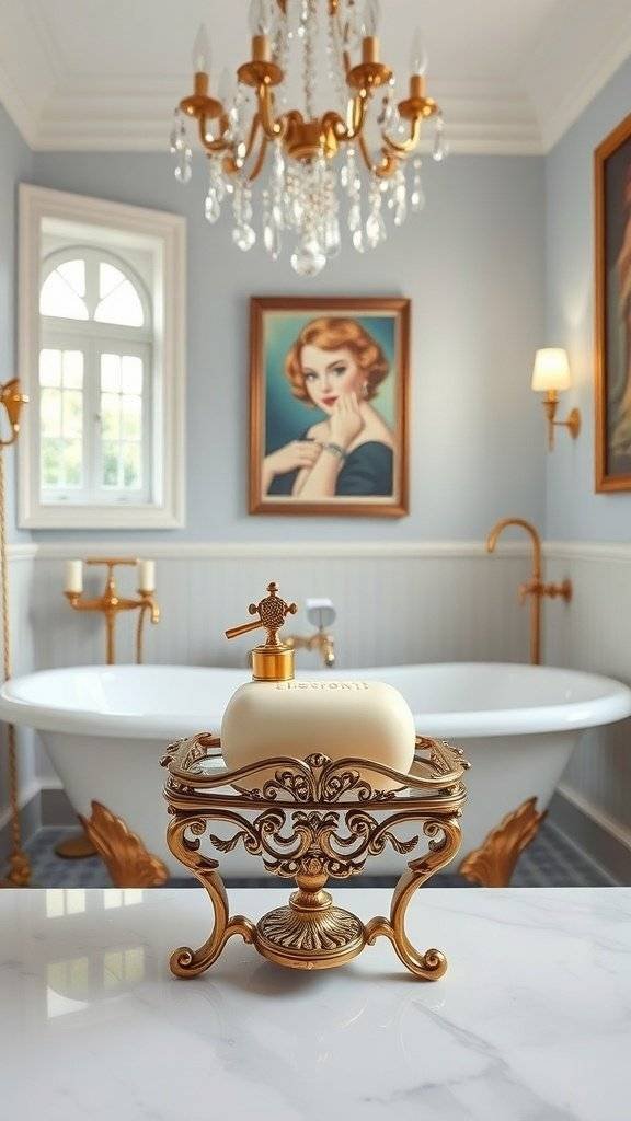 A decorative gold soap dish with a bar of soap, set on a marble countertop in a luxurious 1920s style bathroom.