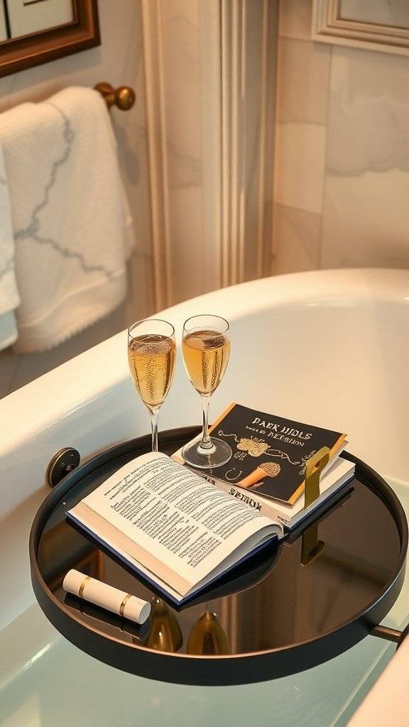 A luxurious bathtub with a wooden tray holding a glass of wine and an open book, set in an elegant bathroom with a chandelier and vintage decor.