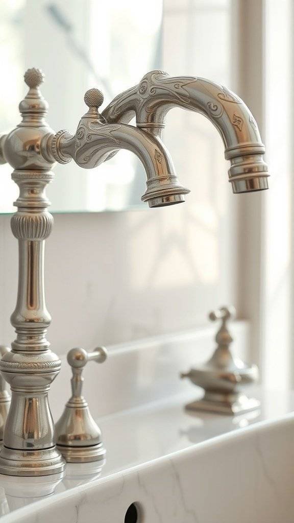 Art Deco inspired golden faucets in a luxurious bathroom setting