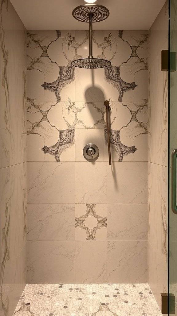 A luxurious bathroom featuring a vintage-style shower with gold fixtures, a freestanding bathtub, and elegant decor.