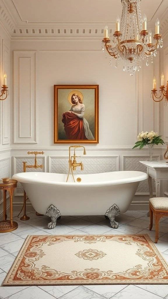 A luxurious vintage bathroom featuring a clawfoot tub, ornate fixtures, and an elegant bath rug.