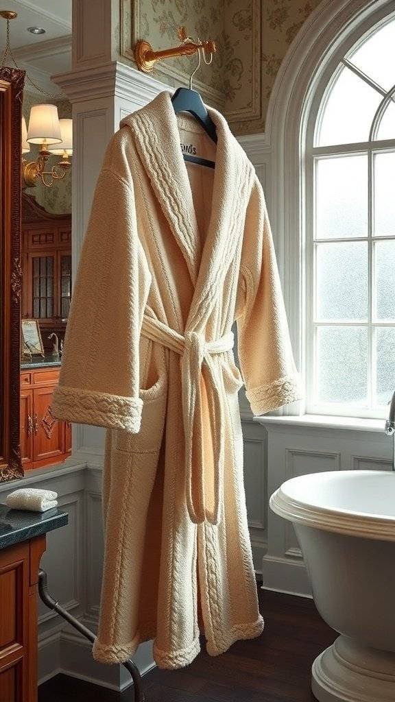 A vintage-inspired white bathrobe hanging in an elegant bathroom with a chandelier and classic decor.