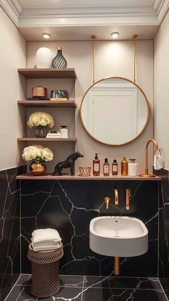 Elegant bathroom with chic shelving, a chandelier, and a vintage bathtub.