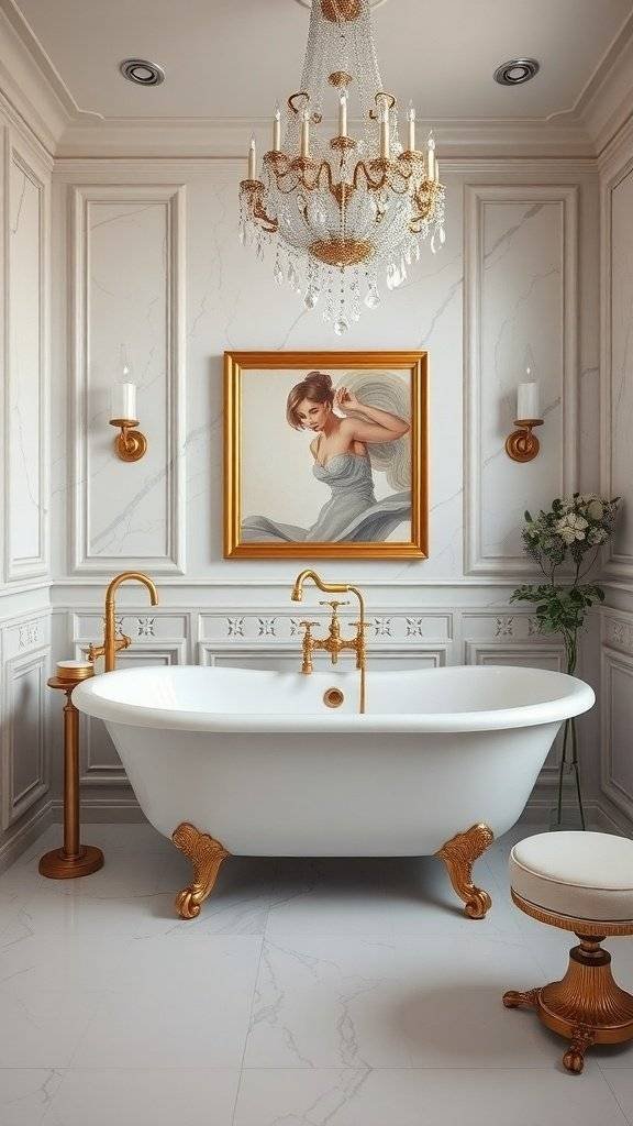 A luxurious 1920s style bathroom featuring a white freestanding bathtub with gold accents, an ornate chandelier, and framed artwork.