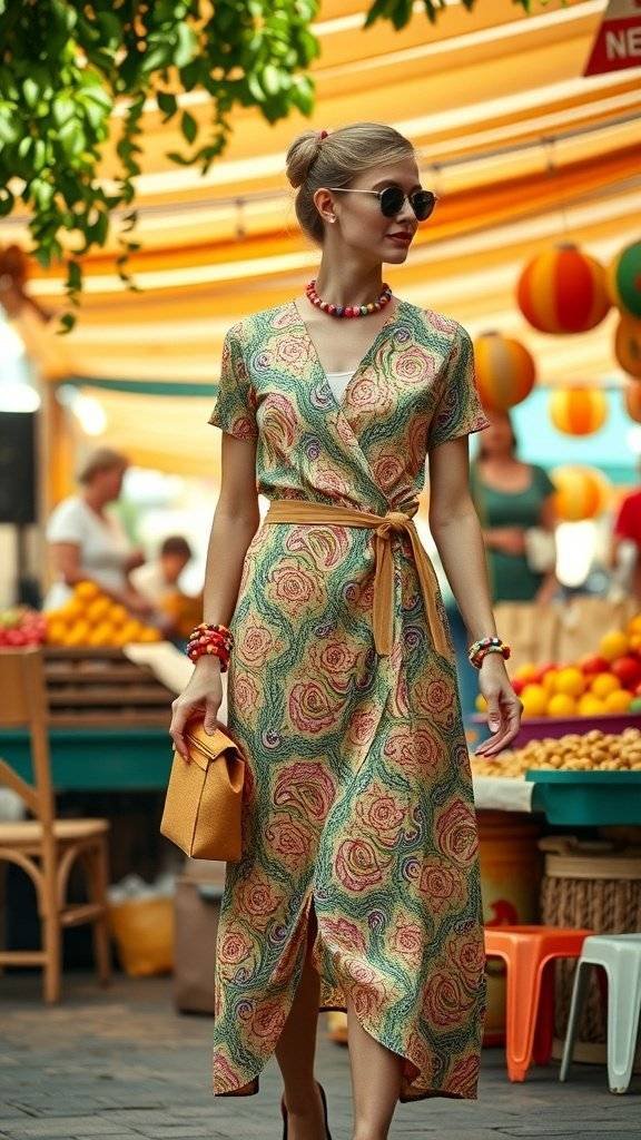 A woman in a floral wrap dress with colorful accessories, walking in a market.