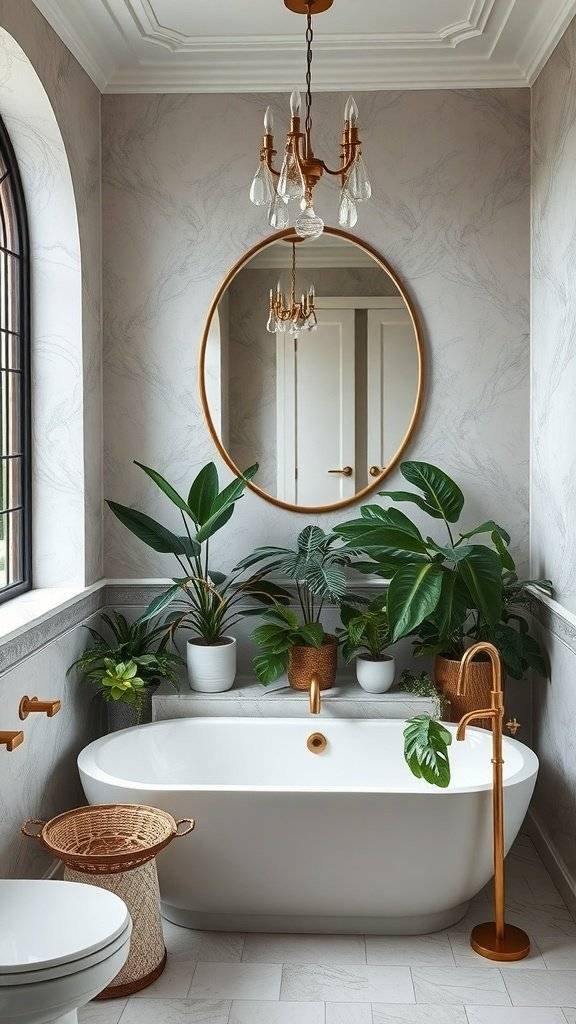 A lavish 1920s bathroom featuring a clawfoot bathtub surrounded by stylish plants, elegant decor, and gold accents.