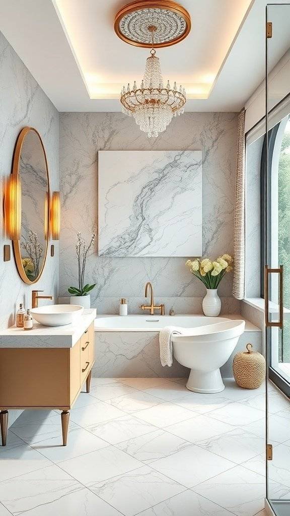 A lavish 1920s bathroom featuring a freestanding tub, chandelier, and elegant decor.