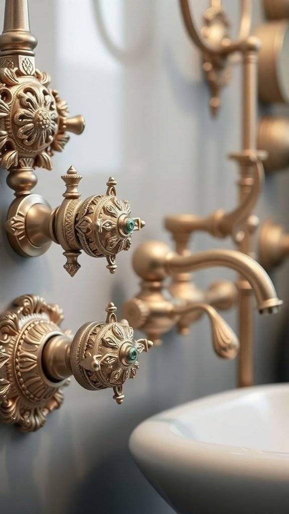 A lavish 1920s bathroom featuring ornate gold hardware, two bathtubs, and a chandelier.