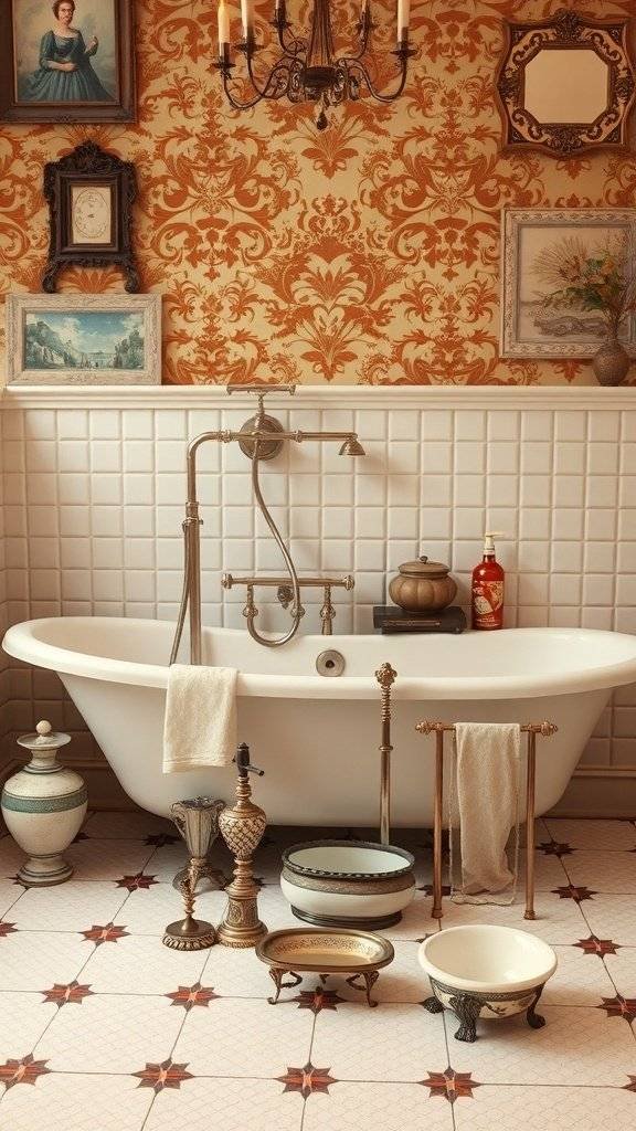 A luxurious vintage bathroom featuring two clawfoot bathtubs, elegant chandeliers, and classic artwork.