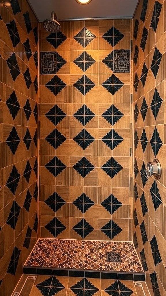 Art Deco inspired bathroom with intricate tiles, vintage bathtub, and elegant chandelier