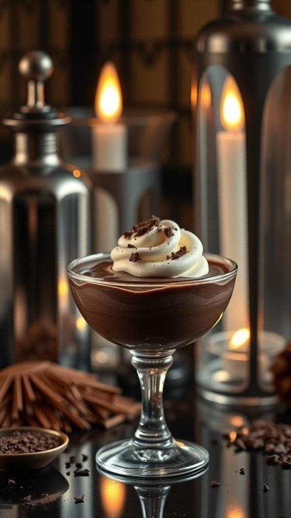 A luxurious chocolate mousse topped with whipped cream and chocolate shavings, set against a backdrop of candles.
