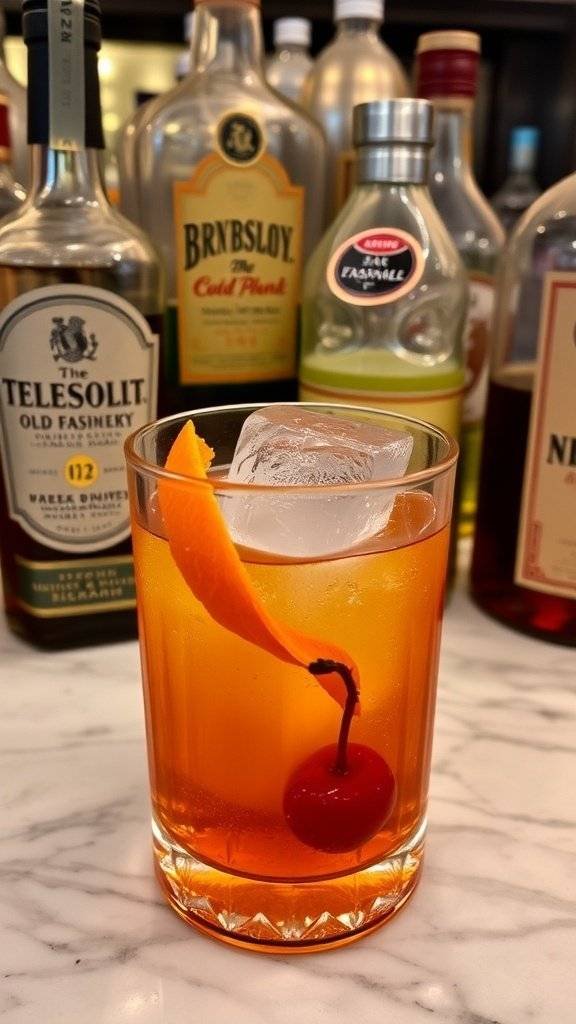 A classic Old Fashioned cocktail with a cherry and orange peel garnish.