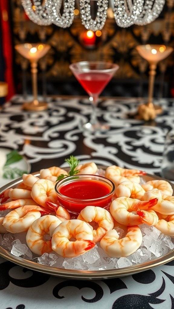 A platter of shrimp cocktail with cocktail sauce, garnished with parsley, set on an elegant table.