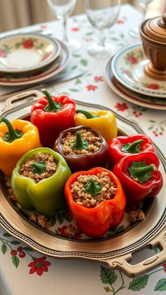 Stuffed bell peppers on a decorative platter, showcasing a colorful Halloween feast.