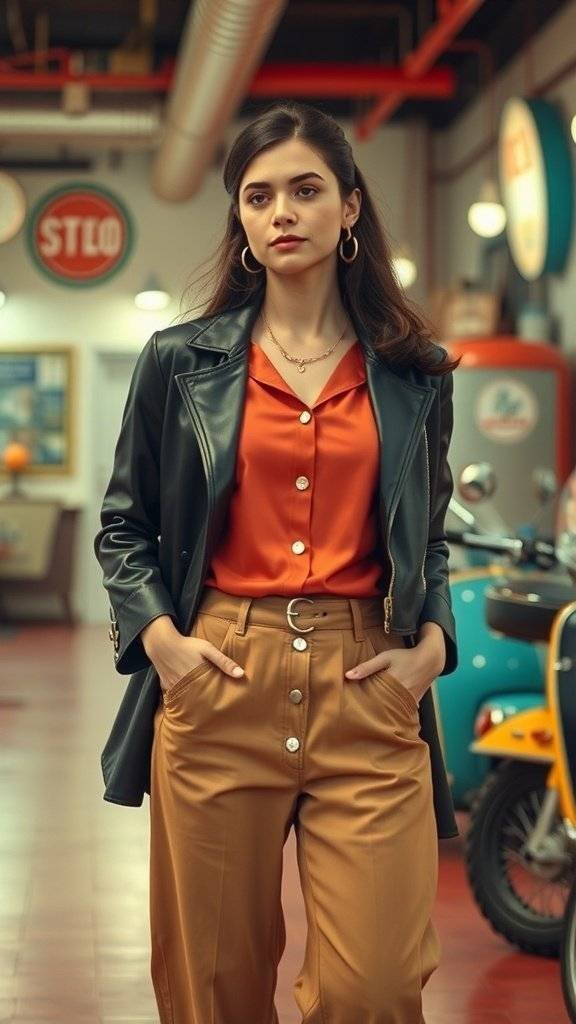A model wearing a vibrant orange blouse, tan high-waisted trousers, and a leather jacket, showcasing a mix of vintage and modern styles.