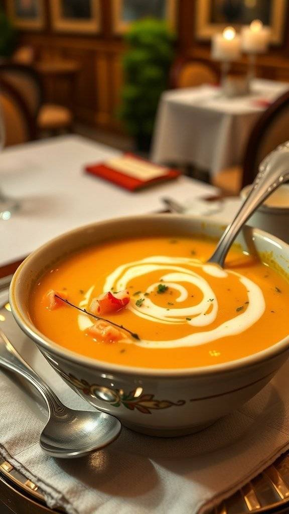 A bowl of lobster bisque garnished with cream and herbs, set in an elegant dining setting.