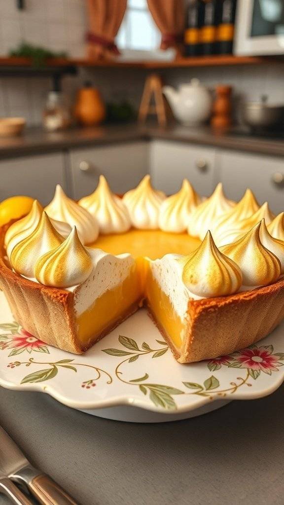 A beautifully baked lemon meringue pie with a golden crust and fluffy meringue topping, displayed on a floral plate.
