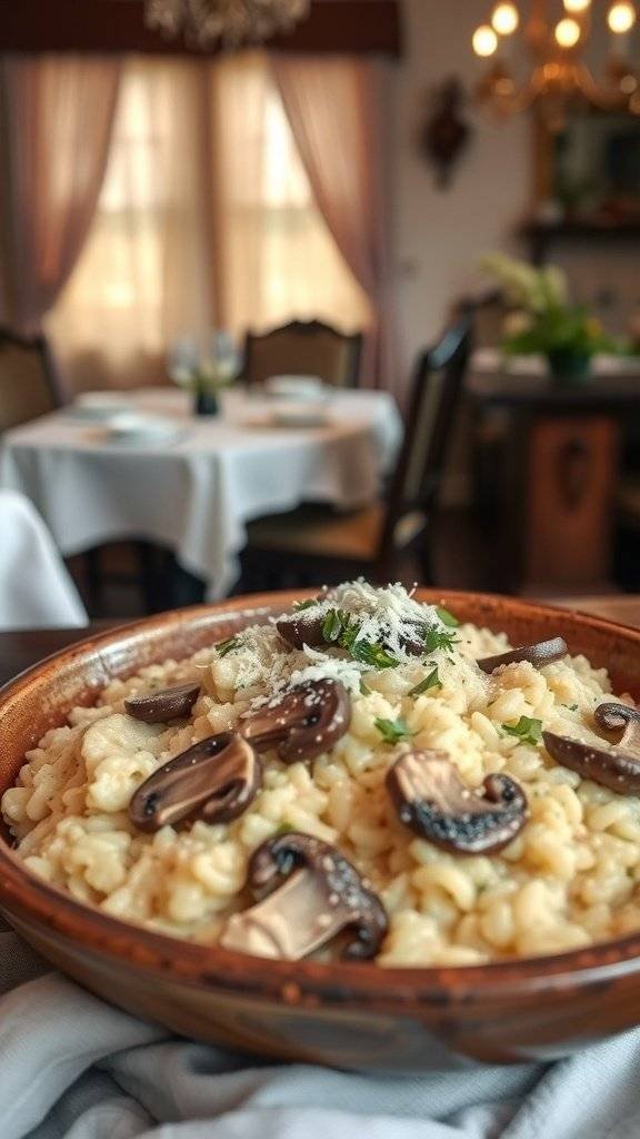 Creamy mushroom risotto served in a bowl, perfect for a Halloween feast.
