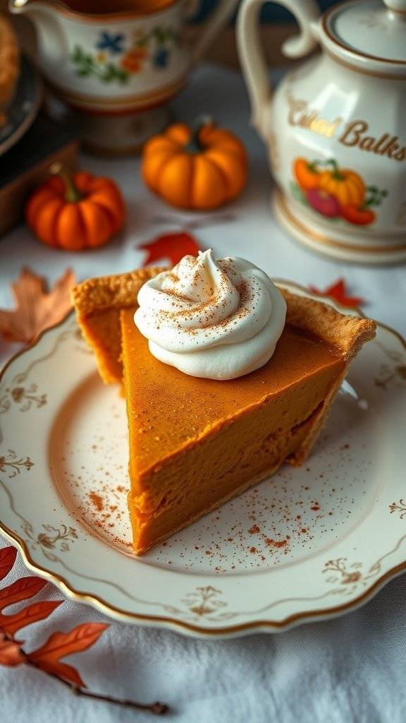 A slice of classic pumpkin pie topped with whipped cream on a decorative plate, surrounded by pumpkins and flowers.