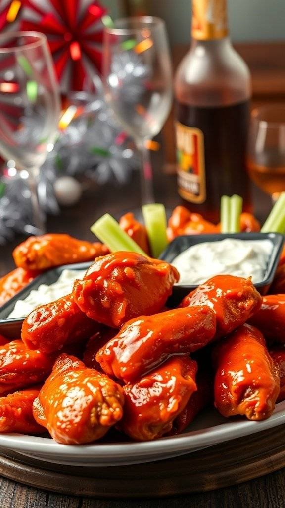 A plate of spicy chicken wings with celery sticks and dipping sauce