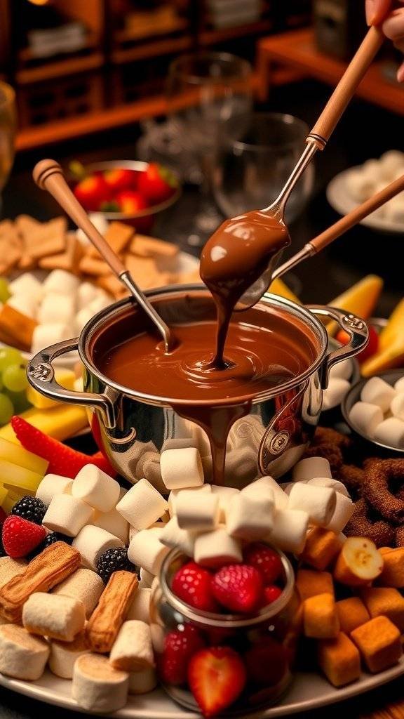 A pot of chocolate fondue surrounded by fruits and marshmallows.